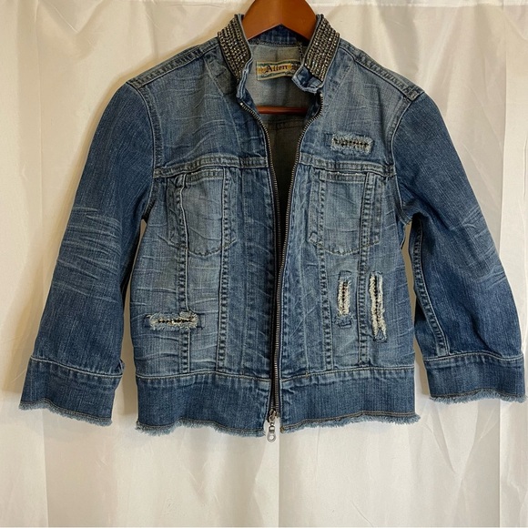 ALLEN B Women’s Jeweled Distressed Jean Jacket Cropped Sleeves Size Small - Picture 1 of 16